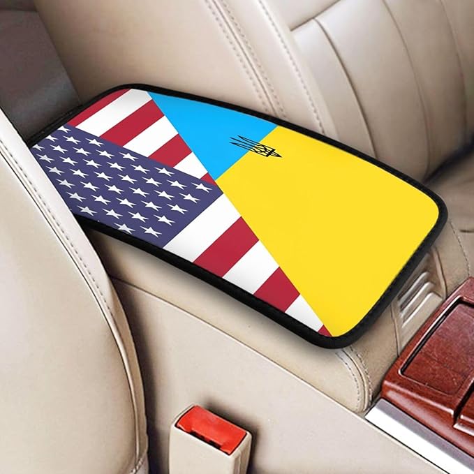 Ukraine Ukrainian Trident American Flag Car Center Console Cover, Universal Waterproof Armrest Pad, Soft Comfort Cushion & Scratch-Resistant Protector for Cars, SUVs and Trucks