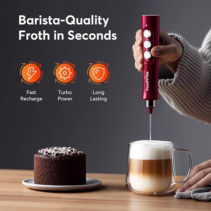MF02 Rechargeable Milk Frother Handheld Foam Maker with Stainless Whisk for Cappuccino, Latte, Bulletproof Coffee, Keto Diet, Protein Powder, Matcha (Viva Red)