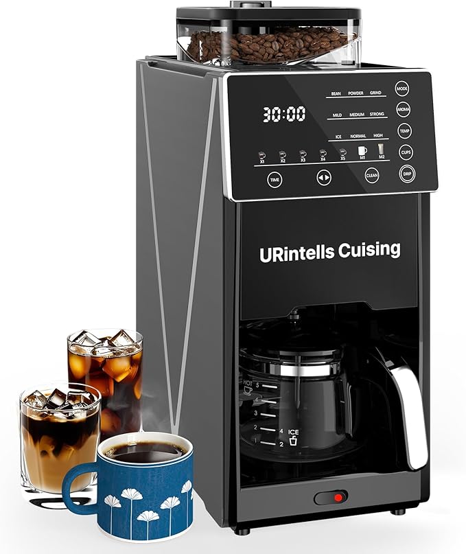 Coffee Maker with Grinder, 22OZ Drip Coffee Maker with Glass Carafe and Removable Filter, Programmable Hot and Cold Bean to Cup Coffee Machine with Timer, Auto Shut Off