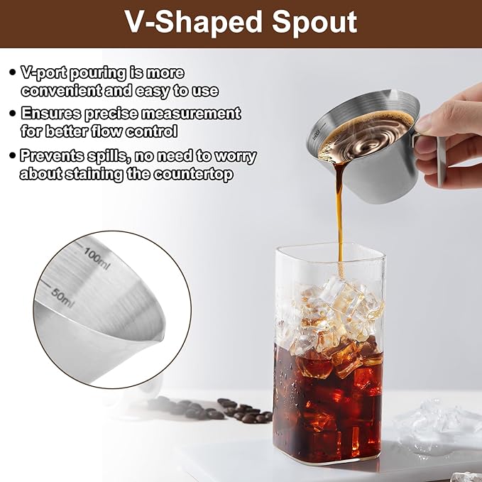 WCHOSOZH 2Pcs Espresso Cups with Handle, 3.4OZ/100ML Espresso Accessories, Stainless Steel Spout Measuring Cup with Scale, Espresso Pouring Cup with V-Shaped Mouth (Double V-Deep Mouth - Silver)