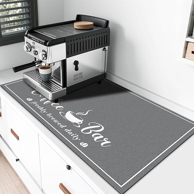 Absorbent Coffee Mat, Fashion Dish Drying Mat for Kitchen Counter Coffee Bar Accessories Espresso Machine Dish Rack 17" x 32" Dark Grey