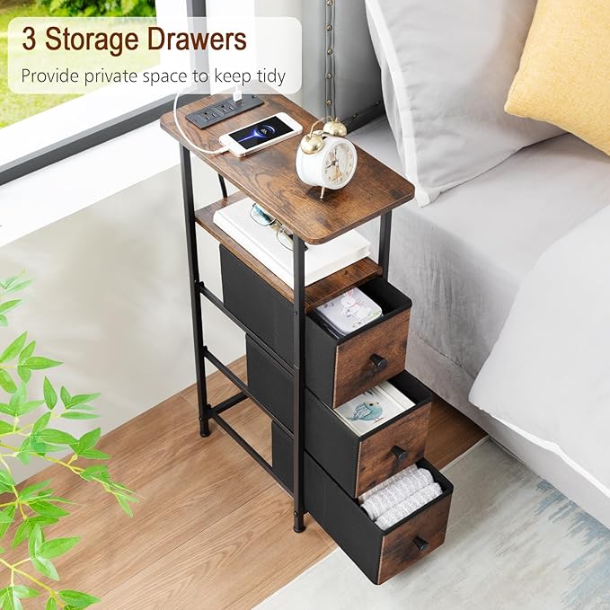 Narrow End Table Living Room with Charging Station, Skinny Side Table with Fabric Drawers, Slim Nightstand for Bedroom, Small Spaces, Couch, Brown, HETNDP03BR-1