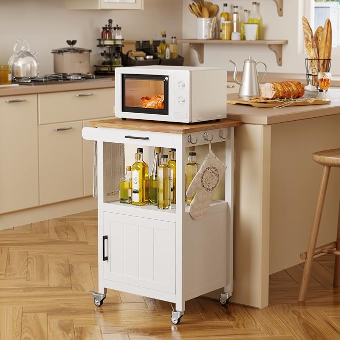Kitchen Cart with Drawer, Small Kitchen Island on Wheels, Microwave Cart, Small Home Coffee Bar, Microwave Stand, Rolling Kitchen Island Cart with Side Hook, White