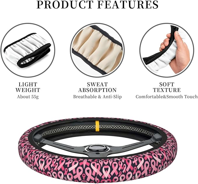 Breast Cancer Awareness Ribbon Universal Fit Steering Wheel Cover for Car, Truck, and SUV, Durable Steering Wheel Protection