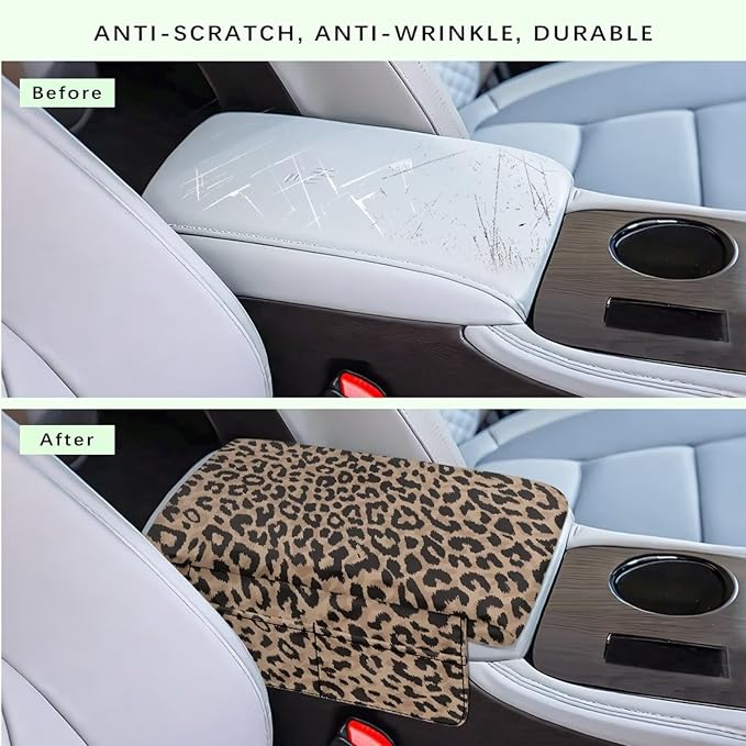 Dreaweet Brown Leopard Print Center Console Cover Thick Arm Rest Cover for Car Women Cheetah Car Accessories Interior Middle Console Cushion Cover Pad with Pockets