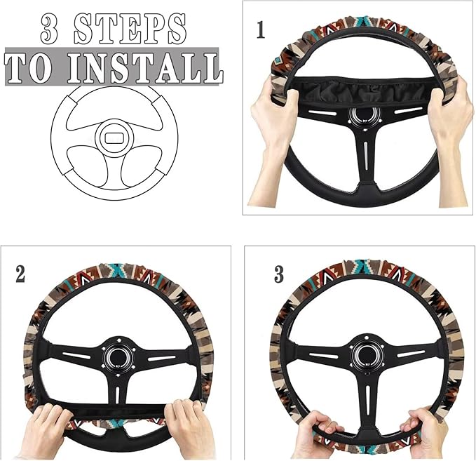 SEANATIVE Brown Aztec Car Steering Wheel Cover, Anti-Slip, Safety, Soft, Breathable, Universal Car Steering Wheel Dust Cover, Easy to Disassemble