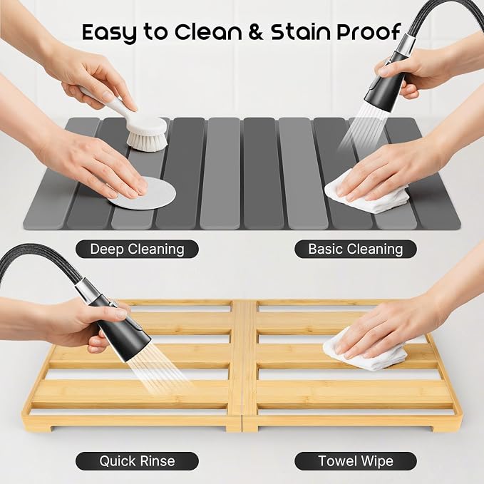 ArtyCozy Large Rollable Stone Drying Mat with Foldable Bamboo Dish Drying Rack for Kitchen Counter, Super Absorbent Diatomaceous Earth and Quick Drying Rack, 24"×16", Dark and Light Grey