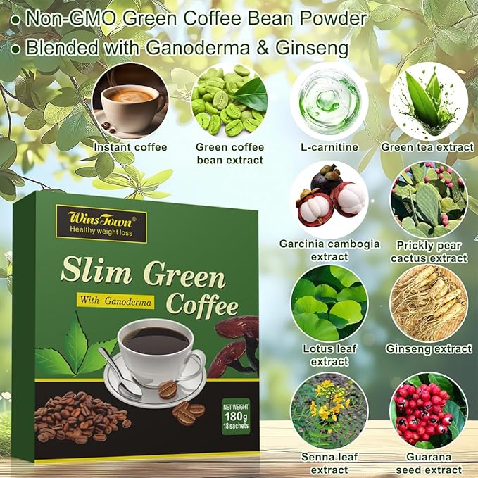 Premium Green Coffee Bean Extract Powder - Gluten-Free Green Coffee Bean Extract Supplements with 10 Natural Health Blends, Instant Coffee, 180g (18 Sachets)