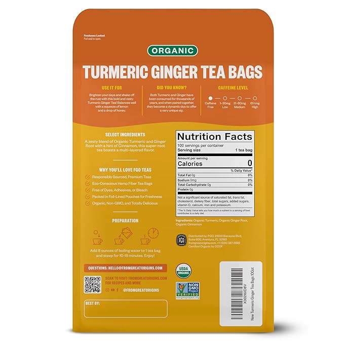 FGO Organic Turmeric Ginger Tea, Eco-Conscious Tea Bags, 100 Count, Packaging May Vary (Pack of 1)