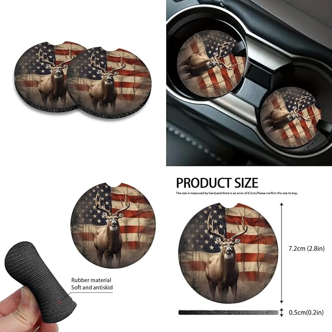 American Flag Deer Printed Car Interior Cover Sets, Car Front Rear Seat Cover with Steering Wheel Protector Coaster Trash Can Air Vent Storage Bag, Universal Fits Auto Interior Accessories