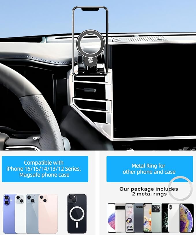 Magnetism Car Phone Holder for 2022-2025 Toyota Tundra / 2023 2024 2025 Toyota Sequoia Accessories Compatible with MagSafe Hands-Free 360 Degree Rotation Adjustable Cell Phone Mount