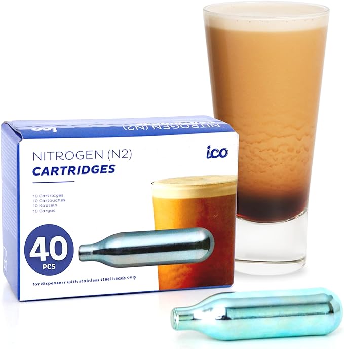 ICO 40pcs Nitrogen Cartridges, N2 Cartridges for Nitro Cold Brew Coffee Maker, Non-threaded Nitro Cartridge for Making Nitro Cold Brew and Nitro Infused Beverages, 2g