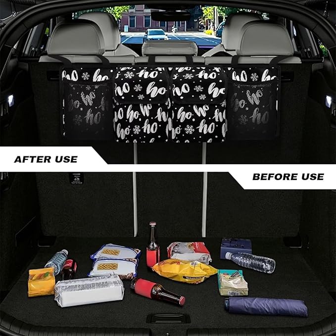 Hanging Car Trunk Organizer, Black Christmas Car Back Seat Storage Bag with 4 Pockets Waterproof Auto Interior Accessories for SUV MPV Sedans Trucks Van
