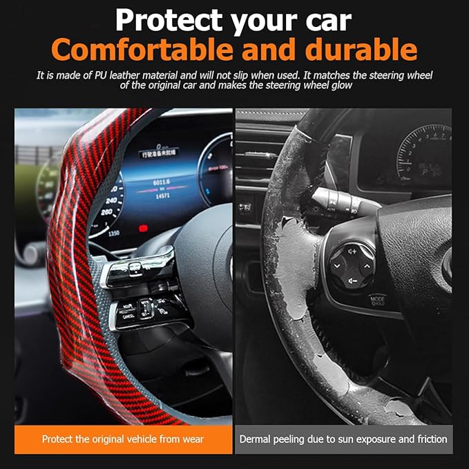Carbon Fiber Car Steering Wheel Cover, Leather Non-Slip Vehicle Steering Wheel Cover for 14.5-15 Inch, Comfortable Auto Interior Protector Decoration Accessories, Universal Fit(Red)