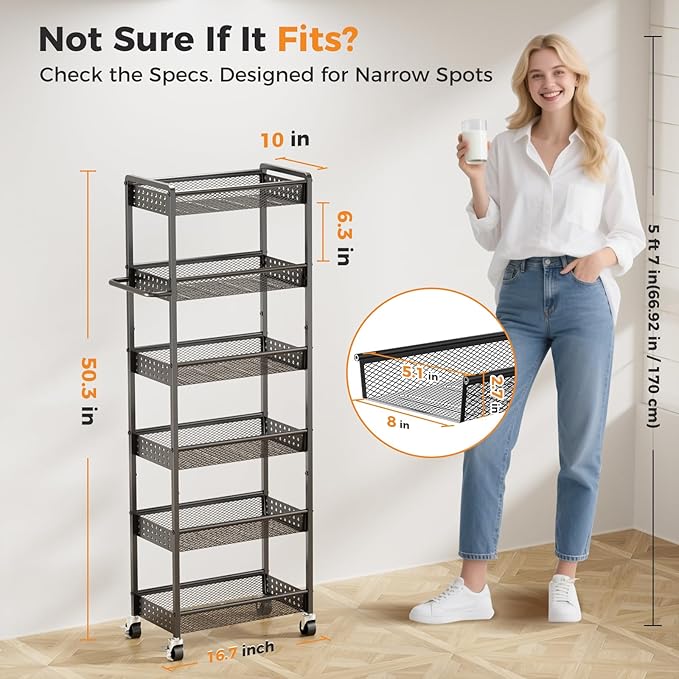 6 Tier Slim Storage Cart with Wheels, 10" D Rolling Storage Cart for Small Space, Metal Narrow Spice Cabinet Mobile Shelving Unit Organizer with Handle for Kitchen, Laundry - Black