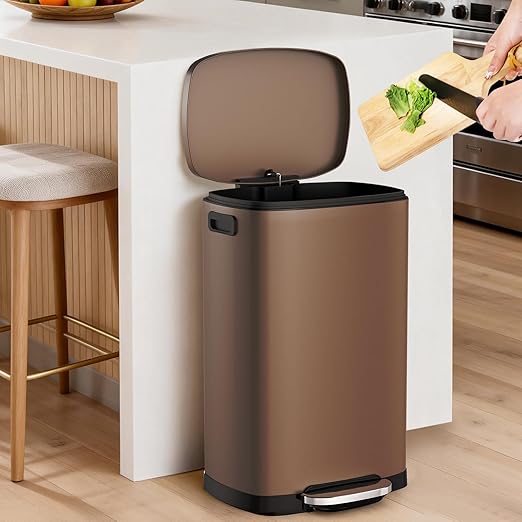ELPHECO LPHECO Kitchen Trash Can with Lid Soft Close, 13 Gallon / 50L Stainless Steel Pedal Garbage Can, Heavy-Duty Step Wastebasket with 20 Bags, Removable Bucket, Home Office, Kitchen, Brown