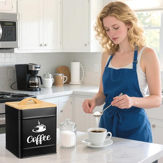 Maxdot 40 oz Black Airtight Coffee Canister Large Iron Farmhouse Container with Wooden Bamboo Lid Tea Storage Kitchen Countertop Container for Coffee Grounds Beans Pods