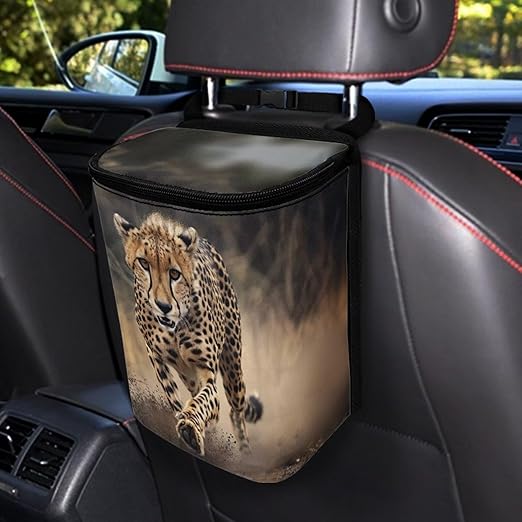 DISNIMO Cool Cheetah Car Trash Can Easy-to-Install Car Accessory Interior, Leak-Proof Car Garbage Can Bin Organizer Storage Bag for the Back Seat of Any Cars, Sedans, SUVs & Trucks