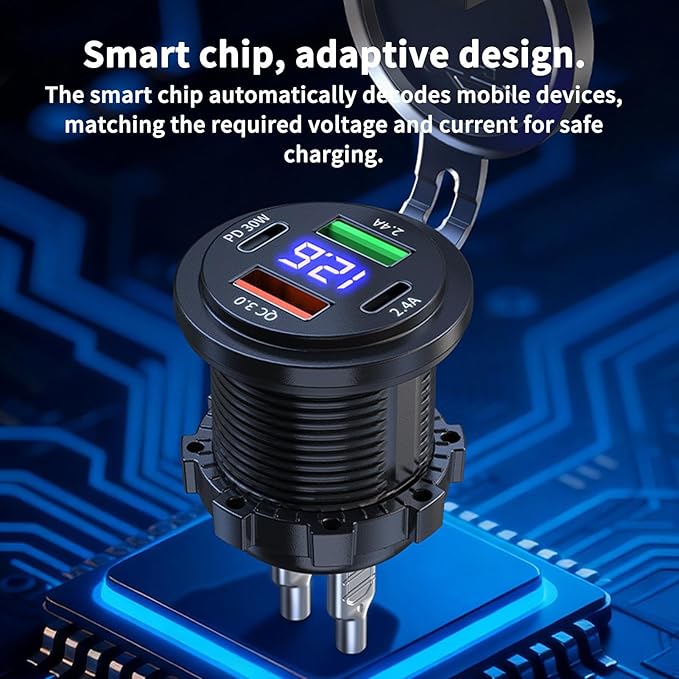 USB Car Charger - Fast PD+QC3.0 Charging Station, Digital Display Monitor Design, USB-A + ÚSB-C Ports + 60W Output Power Spec, ABS PVC -Grade Construction - for Cars, Trucks & Motorcycles