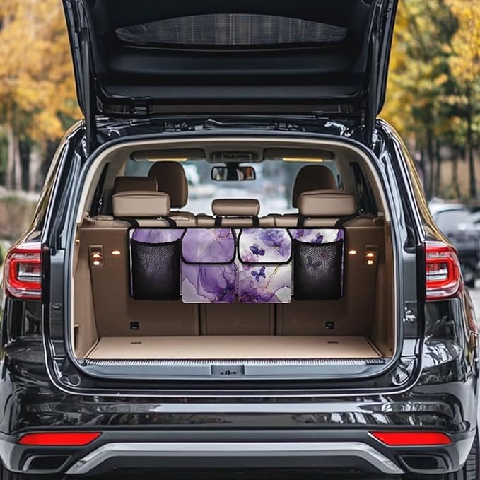 Car Trunk Organizer, Purple Butterfly Car Accessories Marble Car Organizer for SUV/Truck/MPV, Hanging Car Storage Organizer with 4 Pocekts, Frees Trunk Floor, Sturdy Space Saving Expert