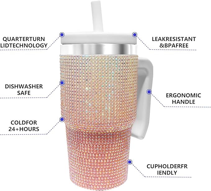 20-OZ Insulated Water Bottle,Insulated Stainless Steel Tumbler,Reusable Cold Drink Thermos,BPA-Free, Double-Wall Stainless Steel Water Bottle (Pink White Gradient-Diamond, 20, Fluid Ounces)