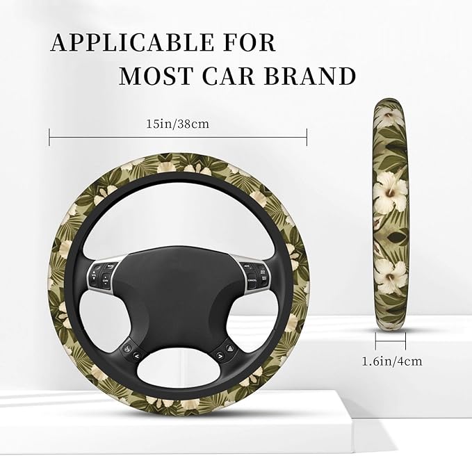 Hawaiian Hibiscuses?Flora Olive Green Car Steering Wheel Cover, 15 Inch Steering Wheel Cover Stylish Decor for Most Cars