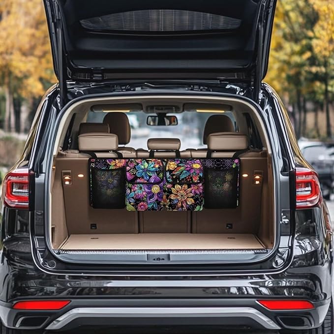 Flower Printed Car Truck Organizer for Women Backseat Hanging Organizer with 4 Storage Pockets Car Seat Organizer for SUV, Truck, Sedan, Space Saving Expert