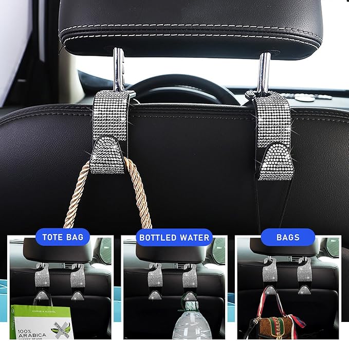 2 PCS Bling Car Seat Headrest Hooks, Crystal Rhinestone Back Seat Hanging Storage Organizer, Vehicle Seat Hanger Holder for Purse Handbag Coat, Interior Car Accessories (White)