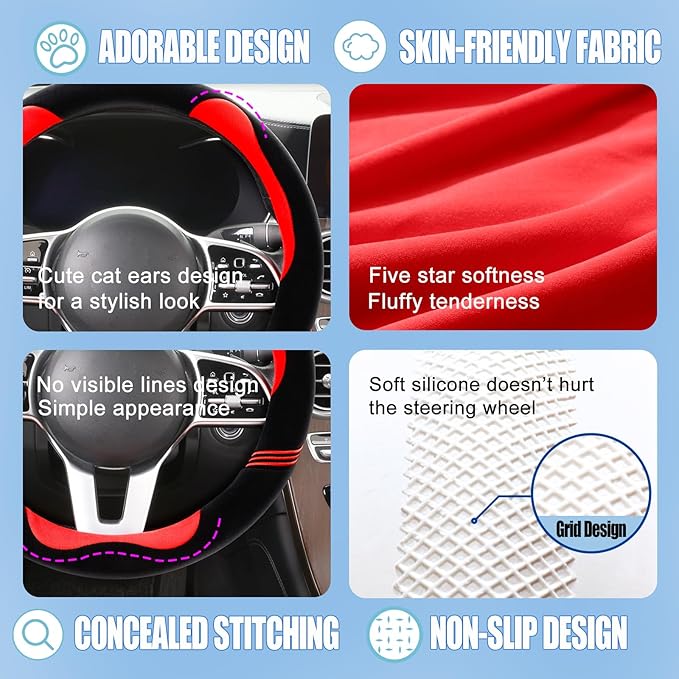 14 inch Furry Cute Steering Wheel Cover, Soft Fluffy Short Plush Auto Accessories, Non-Slip Cold-Proof Sweat-Proof Colorfast(Black with Red)