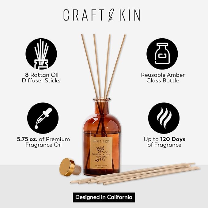 Craft & Kin Lily & Jasmine Reed Diffuser – 5.75 oz Essential Oil Diffuser for Home & Bathroom – Up to 120-Day Fragrance with 8 Rattan Scent Sticks – Amber Glass Room Decor