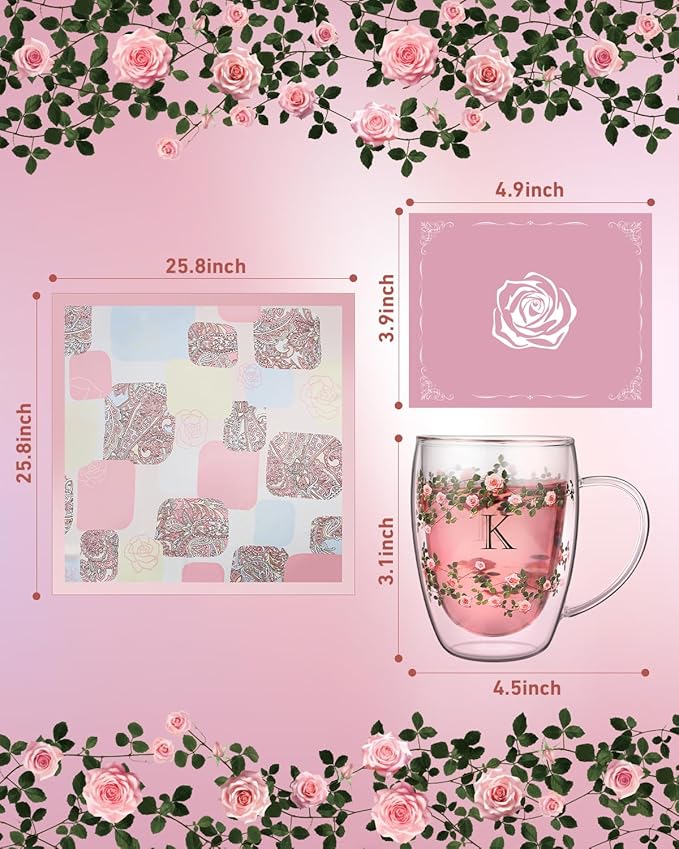 Initial Glass Cup for Women, 12oz Rose Double Walled Glass Coffee Mugs, Personalized Gifts for Women, Initial Coffee Tea Mug with Scarf, Birthday Gifts for Her Mom Friends (ROSE-S)
