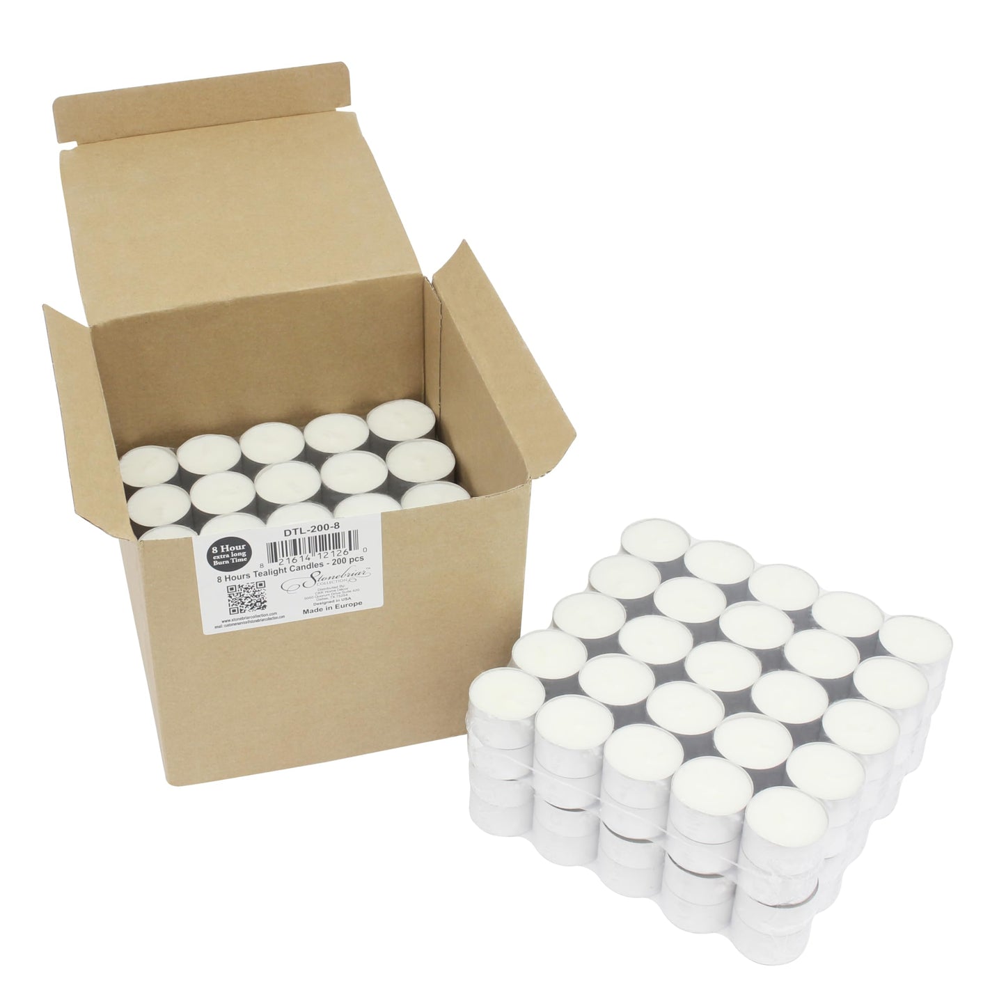 Stonebriar Tea Light Candles - 300 Pack, Unscented, 8 Hour Burn Time, Clear Wax, Model DTL-300-8