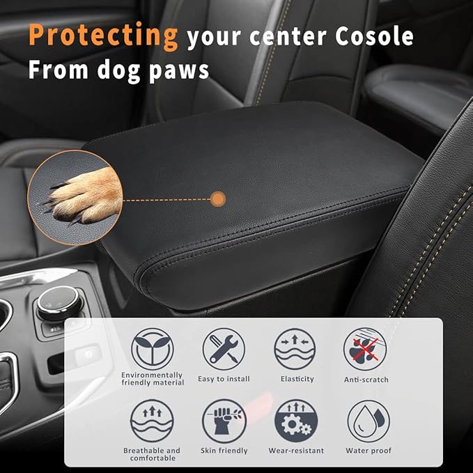 INTGET Center Console Armrest Cover for Chevy Traverse Accessories 2018-2023 2019 2020 2021 2022 Leather Middle Console Lid Pad Protector Elbow Arm Rest Covering Car (Black with Black Stitches)