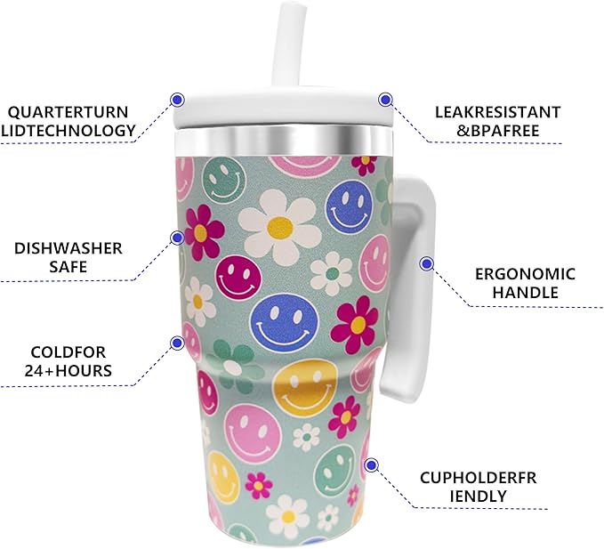 2PCS 20-OZ Insulated Water Bottle,Insulated Stainless Steel Tumbler,Reusable Cold Drink Thermos,BPA-Free, Double-Wall Stainless Steel Water Bottle (Green-Simleyface Flowers, 20, Fluid Ounces)