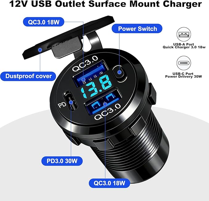12V USB Dual Port Quick Charge 3.0 and PD3.0 USB-C Car Charger Socket 12V Power Outlet Cigarette Lighter Replacement DIY Kit with Voltage Meter and Switch for Car, Boat, Motorcycle