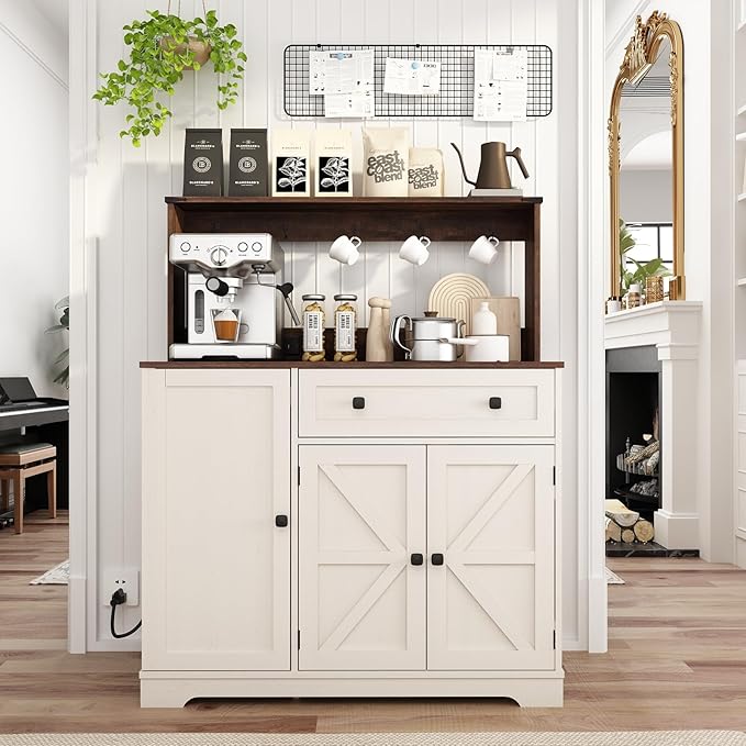 Wnutress Farmhouse Coffee Bar Cabinet with Drawer, 39" Kitchen Hutch Sideboard Buffet Cabinet with Charging Station and Adjustable Shelves, Coffee Bar Storage Table for Living Room, Antique White