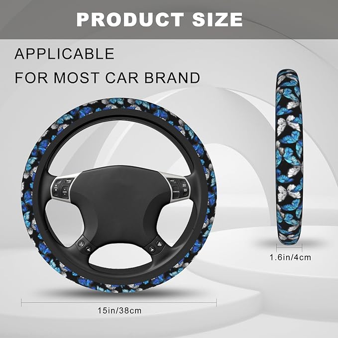 Blue Black Butterfly Steering Wheel Cover, Cute Butterflies Anti-Slip Breathable Car Accessories Interior Elastic Steering Wheel Cover for Men Women Fit Auto, SUV Vans Truck Universal 14.5-15 Inch