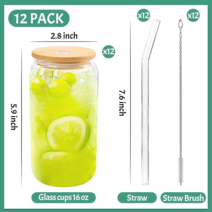 Joyclub 12 Set Glass Cups with Bamboo Lids and Glass Straws 16oz Can Shaped Reusable Clear Iced Coffee Glasses Bulk Set Drinking Jars wholesale for Party Weddings Cafes Boba Shops Gifts DIY