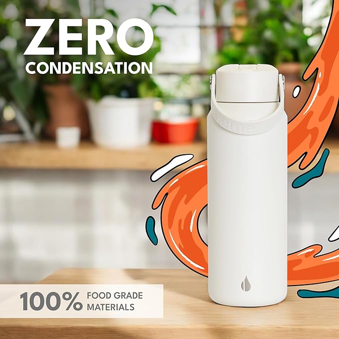 Elemental 40oz Insulated Water Bottle with Straw - 100% Leak-Proof Stainless Steel Core Water Bottles for Travel, Sports and Gym - Double Wall Insulation & BPA Free - White