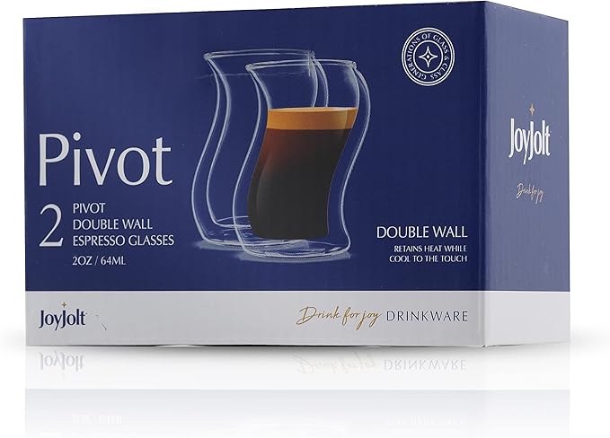 JoyJolt Pivot Espresso Shot Glass – Set of 2 oz Espresso Cups with Unique Design – Double Walled Thermo Espresso Glasses for Home or Professional Bar Use– Set of 2 Thermal Glassware for Morning Coffee