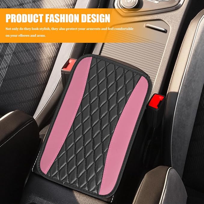 Car Center Console Cover, Leather Waterproof Armrest Seat Box Cushion Pad, Universal Decor Protector Mat, Comfortable Car Decor Accessories Fit for Most Cars, Vehicles, SUVs (Pink)