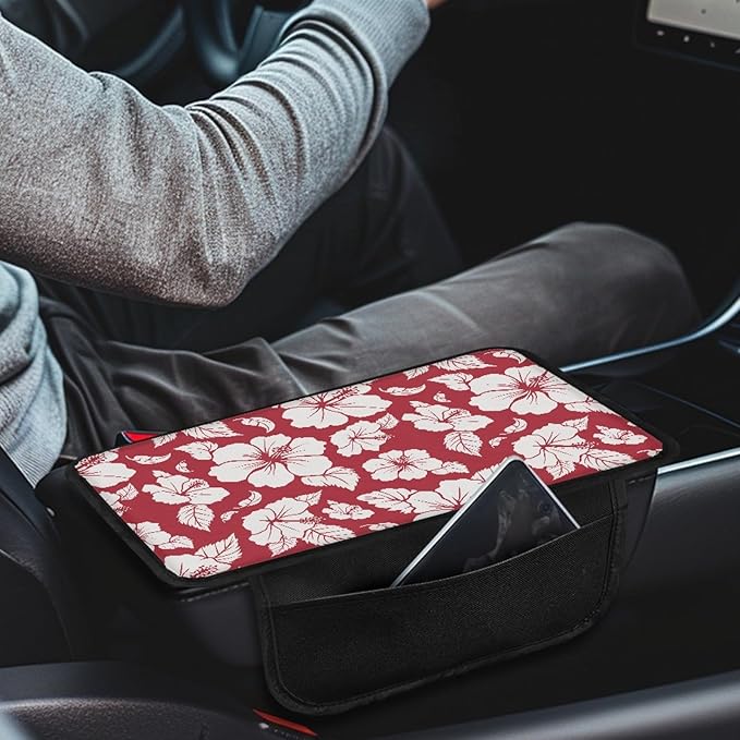 CLOHOMIN Red Hibiscus Car Armrest Cover with Pockets Floral Automotive Armrest Pad Polyester Car Center Console Armrest Cushion Cover Auto Accessories with Storage Pockets