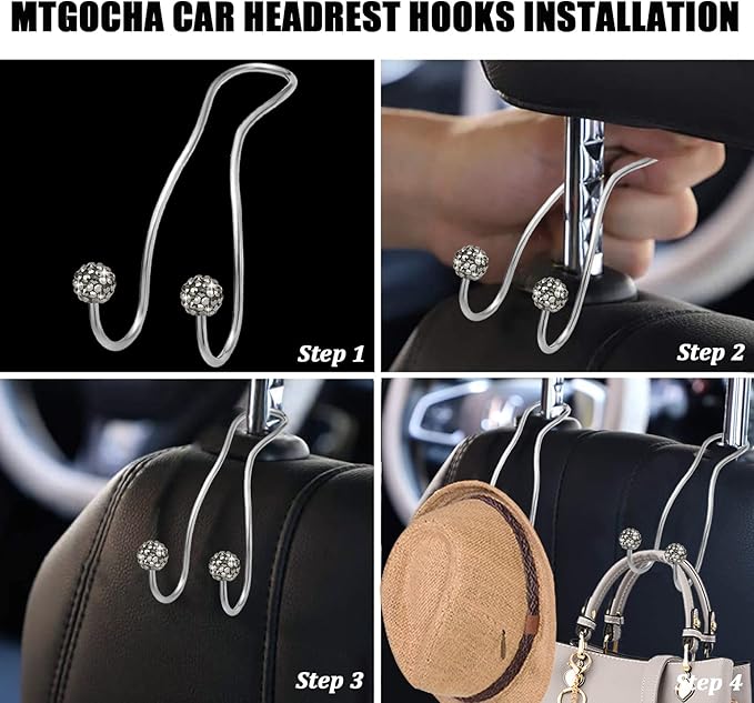 MTGOCHA Bling Purse Hook for Car Headrest, Upgraded Cute Car Seat Hooks for Bag Handbag, Durable Stainless Auto Purse Hanger Holder 2 Pack, Grey