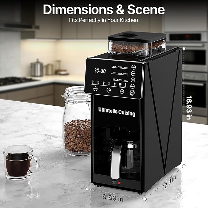 Coffee Maker with Grinder, 22OZ Drip Coffee Maker with Glass Carafe and Removable Filter, Programmable Hot and Cold Bean to Cup Coffee Machine with Timer, Auto Shut Off