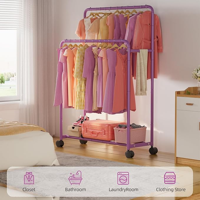 Simple Trending Clothing Clothes Rack Double Rods with Wheels, Rolling Metal Garment Rack for Hanging, Purple