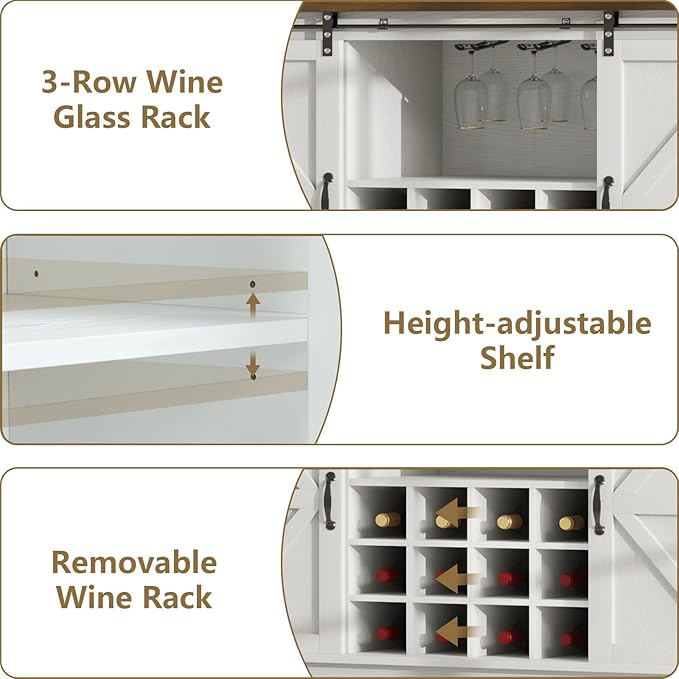 55 Inch Farmhouse Coffee Bar Cabinet with 3-Tier Enclosed Storage Cabinet, Kitchen Hutch with 12 Wine Racks & 3 Glass Holders, Coffee Bar with 6 Hooks, Wood Furniture for Dining Living Room, White