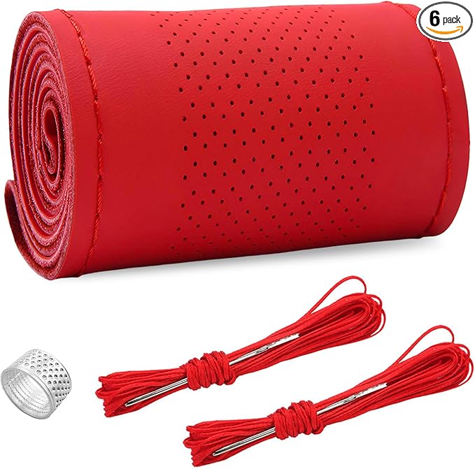 Ziciner Genuine Leather Steering Wheel Cover, Stitch on Wrap, Breathable Anti-Slip Car Steering Wheel Protector for Max Diameter 15 Inch, DIY Sewing with Needles Thread (Red, Middle Hole)