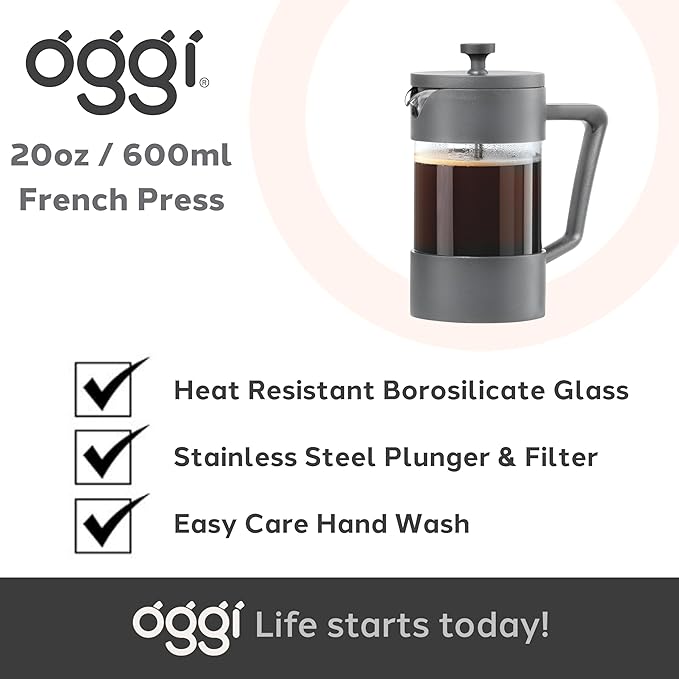 Oggi Borosilicate Glass French Press Coffee Maker (20oz)- 5 Cup Capacity, Coffee Press, Single Serve Coffee Maker, Stainless Steel Lid & Plunger, Make Great Coffee Gifts, Gray