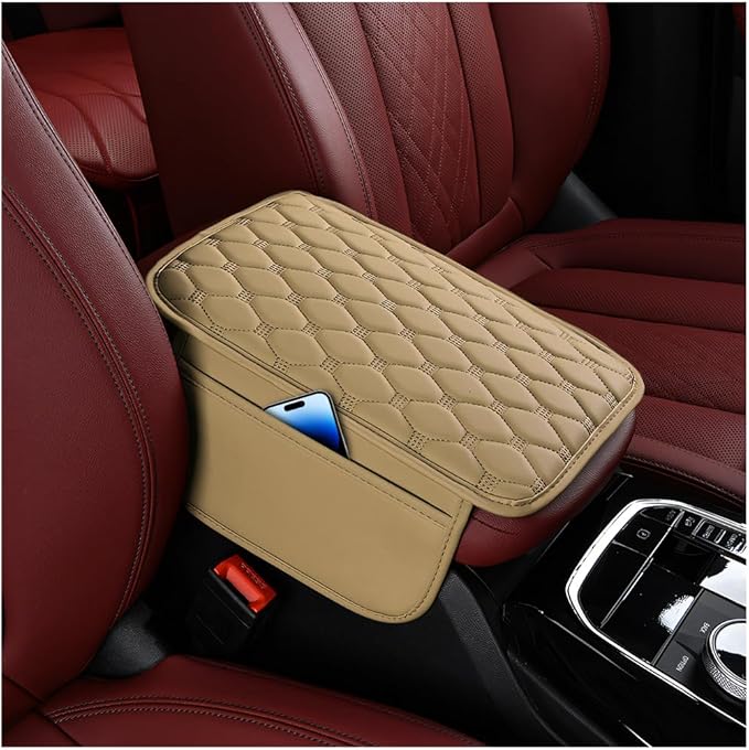 Car Center Console Cover, Leather Vehicle Armrest Cover Cushion with 2 Storage Bags, Automotive Interior Arm Rest Seat Box Pad Accessories, Universal for SUV Sedan Truck (Beige)