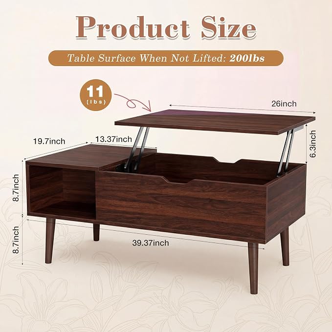 Sweetcrispy Coffee Table Lift Top Coffee Tables for Living Room,Small Rising Wooden Center Tables with Storage Shelf and Hidden Compartment, Dark Brown